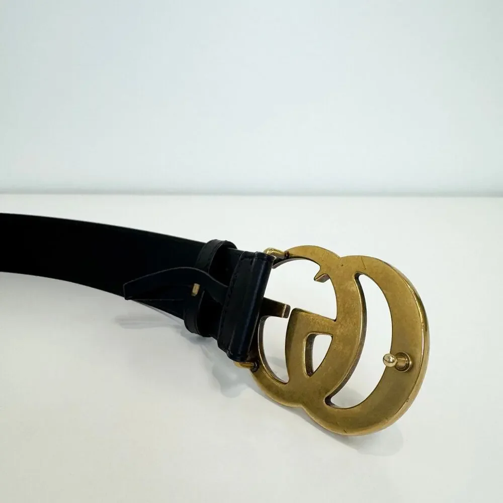 GUCCI Black Leather Gold GG Belt Marmont Wide With Box Size 85 34